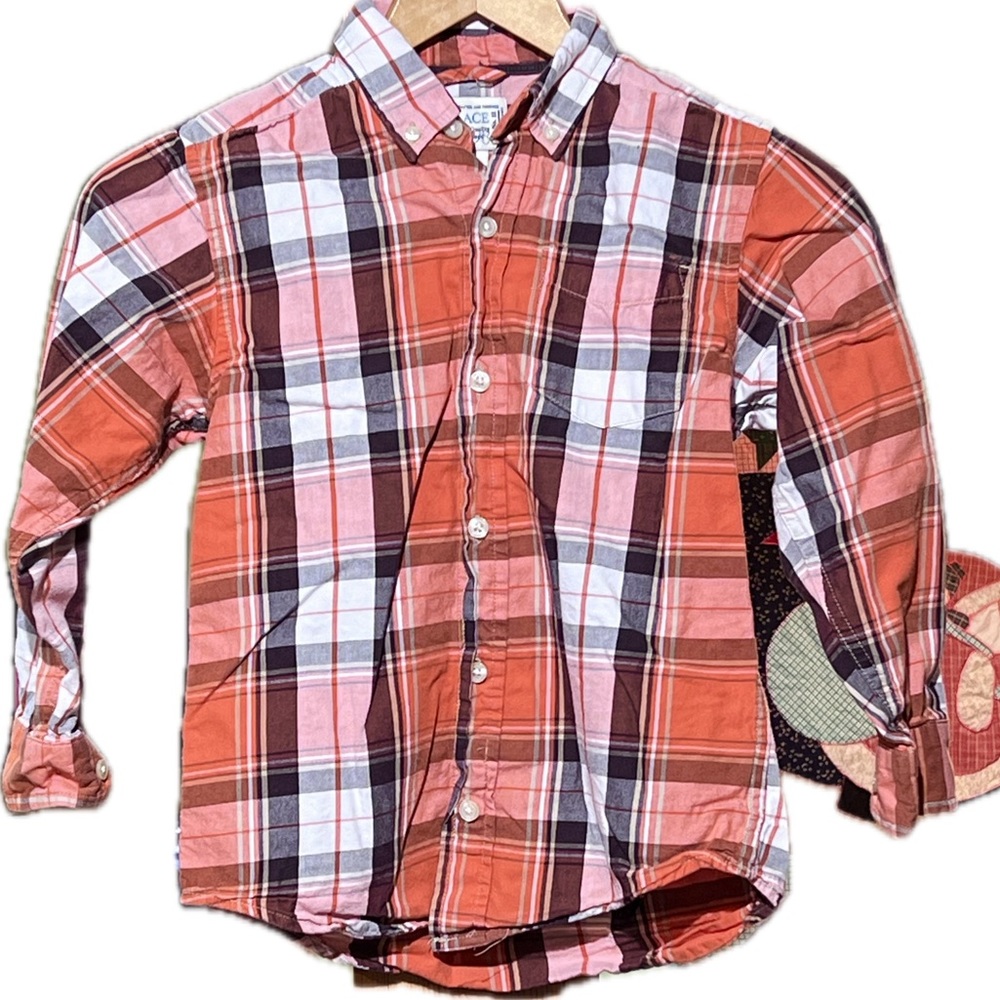 The children’s Place button down plaid, orange shirt, boys, size small 5/6 EUC